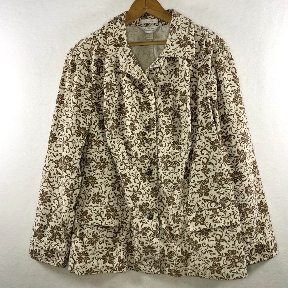 Womens Floral Corduroy Shacket Button Top 1X Cream Brown‎ Boho Cottagecore